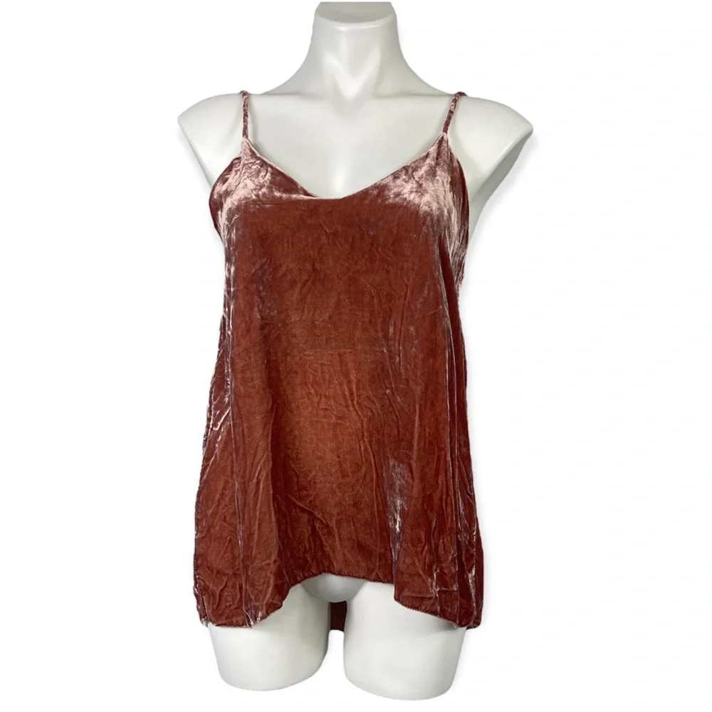CAARA 100% Silk Crushed Velvet Spaghetti Strap Cami Camisole Top In Rust M - Picture 4 of 16